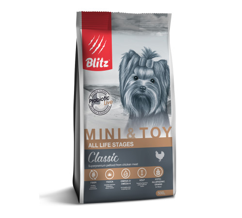 BLITZ  ADULT MINI&TOY/курица/Полнорационный корм для собак миниатюрных и мелких пород 0,5 кг 